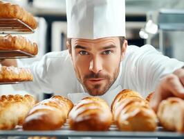 Bakery chef showcasing freshly baked pastries in a bright kitchen photo