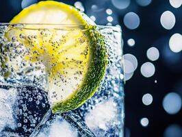 Refreshing cocktail with lime and ice in a sparkling drink photo