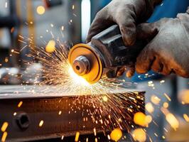 Worker using power tools to grind metal in workshop photo
