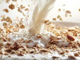 Pouring milk over granola creates a delicious breakfast mix photo