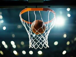 Basketball on a hoop during a thrilling game in the arena photo