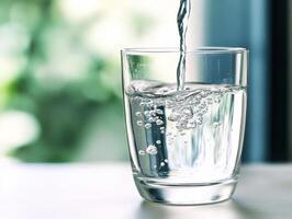 Water pouring into a clear glass creating bubbles photo