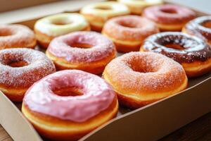 Delicious assortment of glazed donuts in a bakery box photo