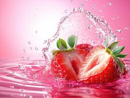 Strawberries splash into pink water creating vibrant ripples photo