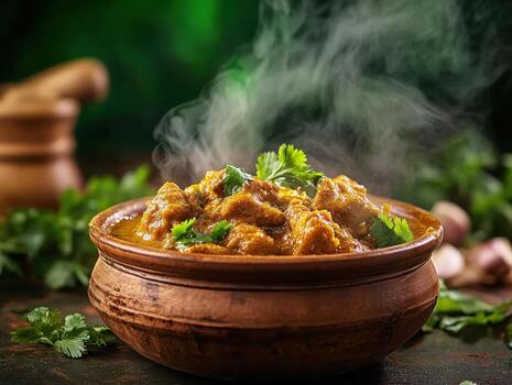 Delicious curry dish steaming in a rustic bowl on wooden table photo