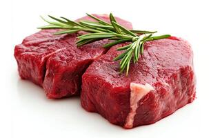 Fresh cuts of beef with rosemary garnish on a white background photo