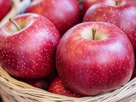 Fresh red apples displayed in a woven basket at a market photo