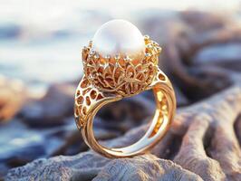 Elegant gold ring with pearl gem on textured surface photo