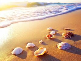Beautiful shells scattered along a sandy beach at sunset photo