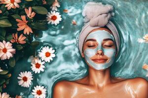 Relaxing spa day with facial mask in serene water setting photo