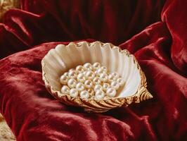 Decorative shell filled with pearls on rich red fabric backdrop photo
