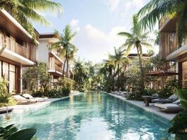 Luxurious resort pool surrounded by tropical gardens and villas photo