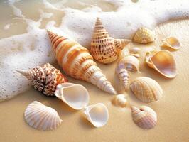 Colorful shells scattered on sandy beach near ocean waves photo