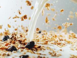 Creamy milk pours over crunchy granola and dried fruits photo
