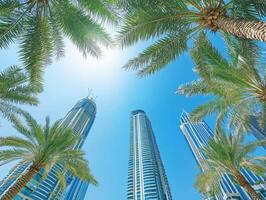 Tall skyscrapers surrounded by palm trees under clear blue sky photo