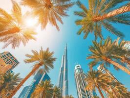 Skyscrapers and palm trees under bright sun in Dubai photo