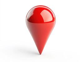 Red glossy pin marker stands upright on a white background photo