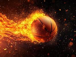 Dynamic basketball soaring through fiery sparks in action scene photo