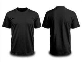 Black t-shirt design showcasing front and back views for clothing photo