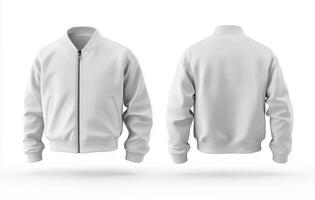 Stylish plain white bomber jacket displayed from multiple angles photo