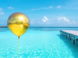 Golden balloon floating above turquoise water near wooden pier photo
