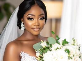 Beautiful bride holding bouquet in elegant indoor setting photo