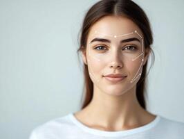 Woman demonstrating facial enhancement techniques in bright studio photo