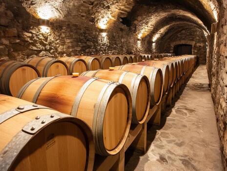 Wine cellar with barrels in stone archway building photo