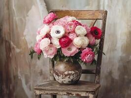 Floral arrangement of ranunculus and anemones on rustic chair photo