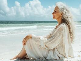 Senior woman enjoying tranquility by the ocean on a sunny day photo