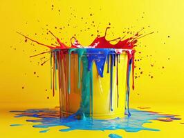 Bright paint splashes create colorful artwork on yellow background photo