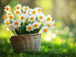 Bright daffodils in a woven basket on lush green grass photo