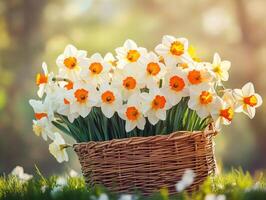 Basket of daffodils brightens a spring garden at sunset photo