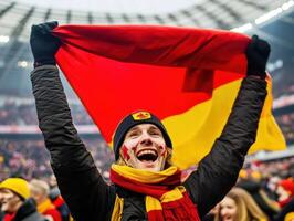 Cheerful fan celebrating a victory in a packed stadium photo