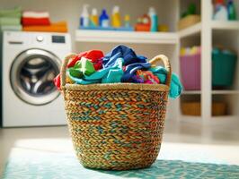 Laundry basket filled with colorful clothes in a bright room photo