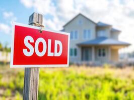 Real estate sign in front of recently sold house in sunny neighborhood photo