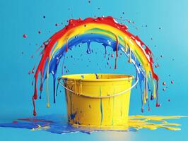 Bright colors splash from a yellow bucket creating a rainbow effect photo