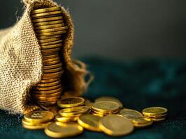Golden coins spilling from a burlap sack on a dark surface photo