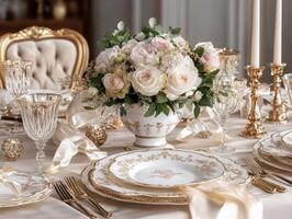 Elegant table setting with floral centerpiece for special occasion photo