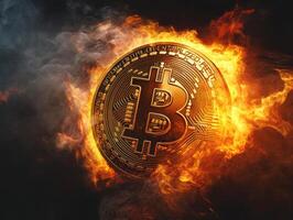 Bitcoin symbol surrounded by flames in a dark atmosphere photo