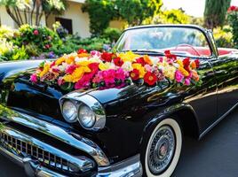 Classic convertible adorned with vibrant flowers at a sunny gathering photo