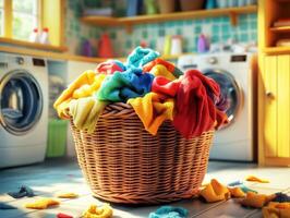 Colorful laundry basket in a bright laundry room with washing machines photo