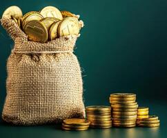 Golden coins in a burlap bag alongside stacked coins photo