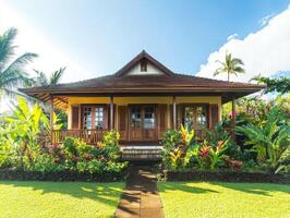 Charming tropical house surrounded by vibrant greenery photo