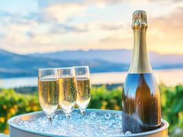 Sparkling celebration near a mountain lake at sunset photo