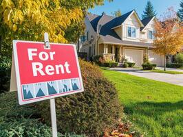 Bright suburban house with for rent sign on a sunny day photo