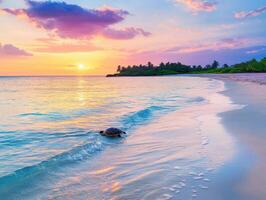 Serene sea turtle gliding along a tranquil beach at sunset photo