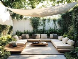 Cozy outdoor lounge area with greenery and shade in a garden photo