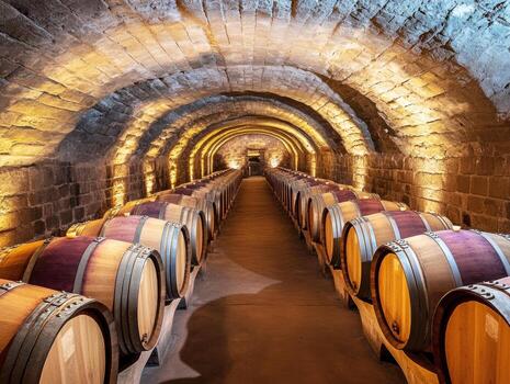 Vast cellar showcasing rows of wooden barrels in wine storage photo