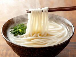 Delicious bowl of steaming noodles with green onions photo